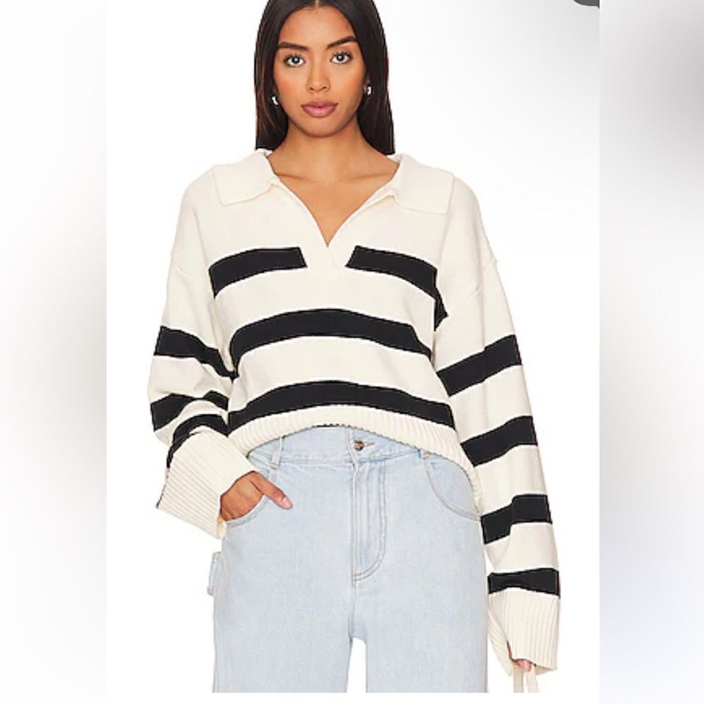 More To Come Tatia Sweater in White & Black wide striped knit pullover Revolve